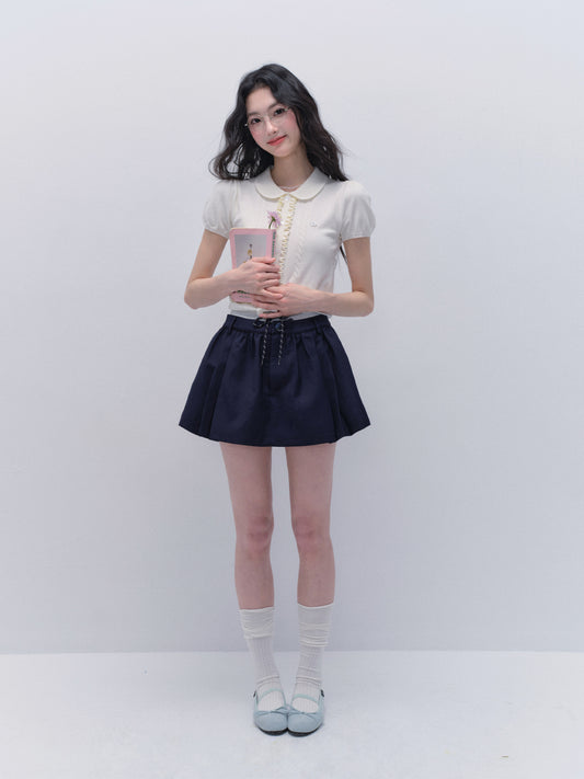 Peter Pan Collar Ruffled Front Knit Top