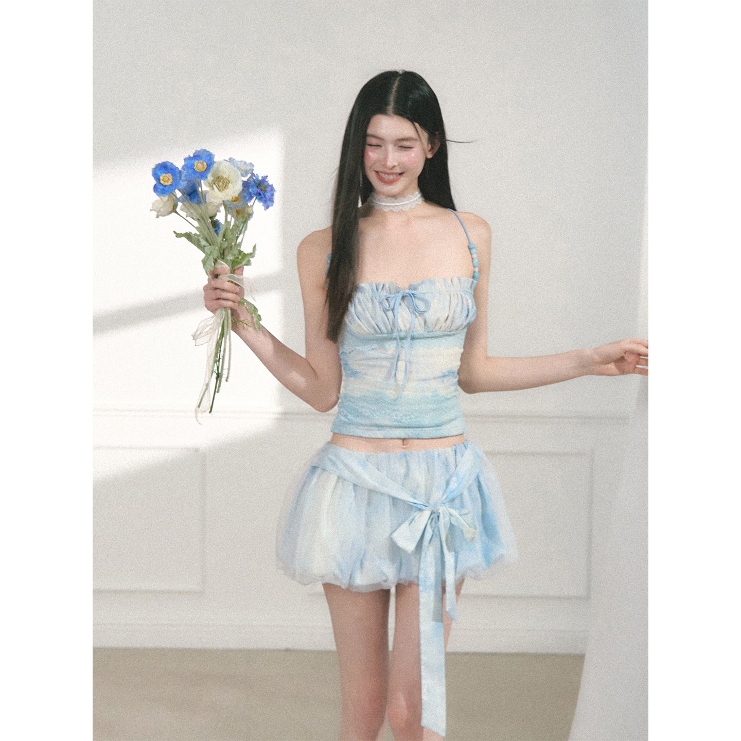 Ruched Top With Lace Details And Beaded Straps