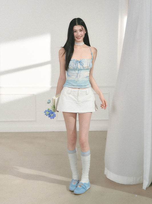 Ruched Top With Lace Details And Beaded Straps