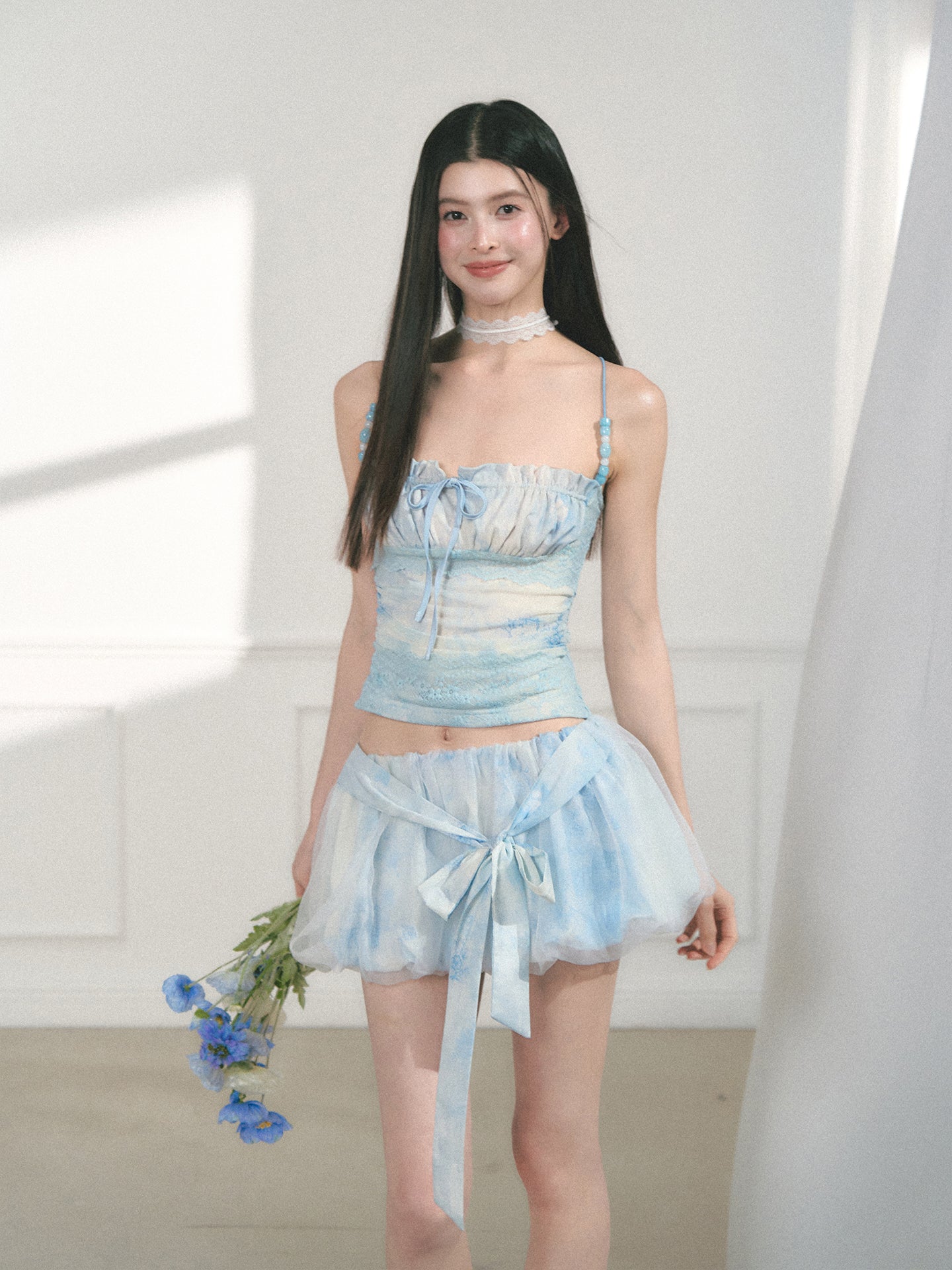 Ruched Top With Lace Details And Beaded Straps
