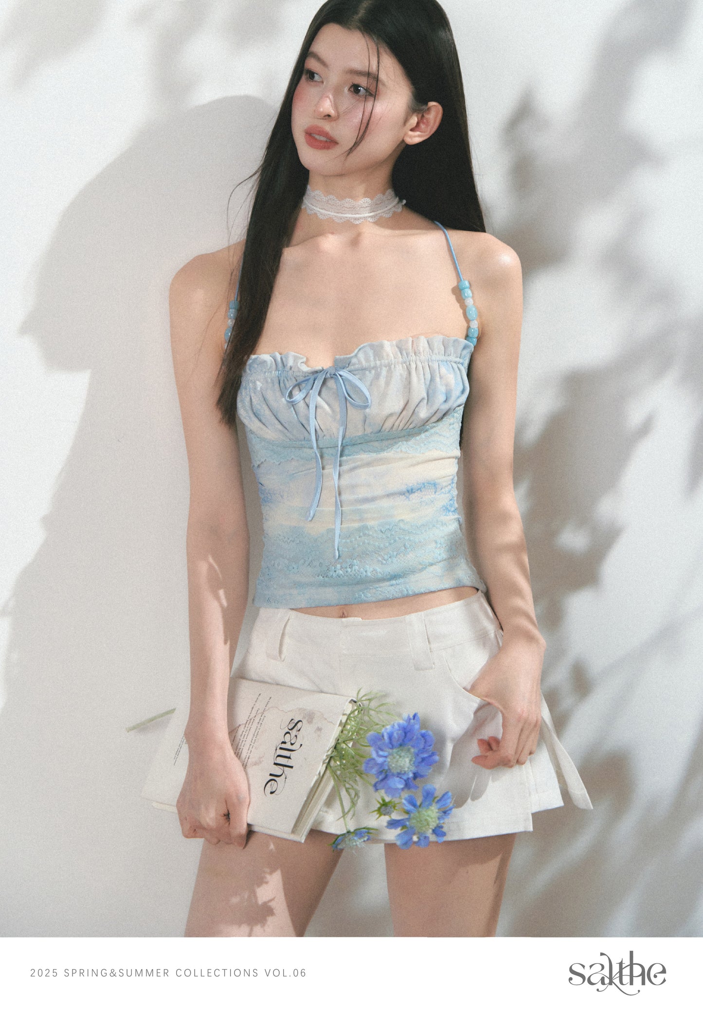 Ruched Top With Lace Details And Beaded Straps