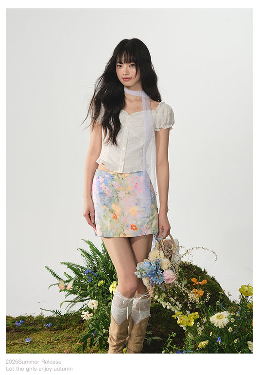 Painterly Floral Print Fitted Skirt