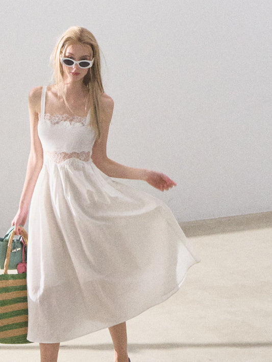 Lace Detail Strap Dress With Back Ribbon Tie