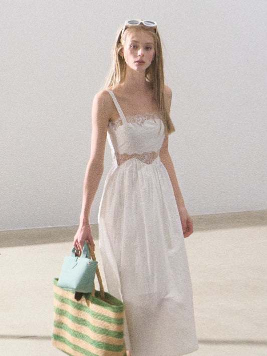 Lace Detail Strap Dress With Back Ribbon Tie