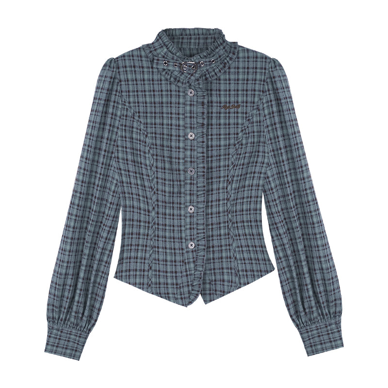 Tailored Check Blouse With Ruffle Trim And Neck Belt