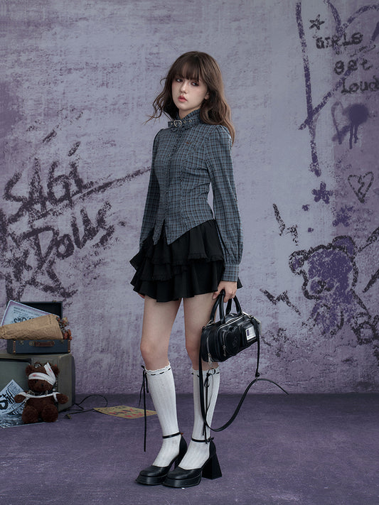 Tailored Check Blouse With Ruffle Trim And Neck Belt