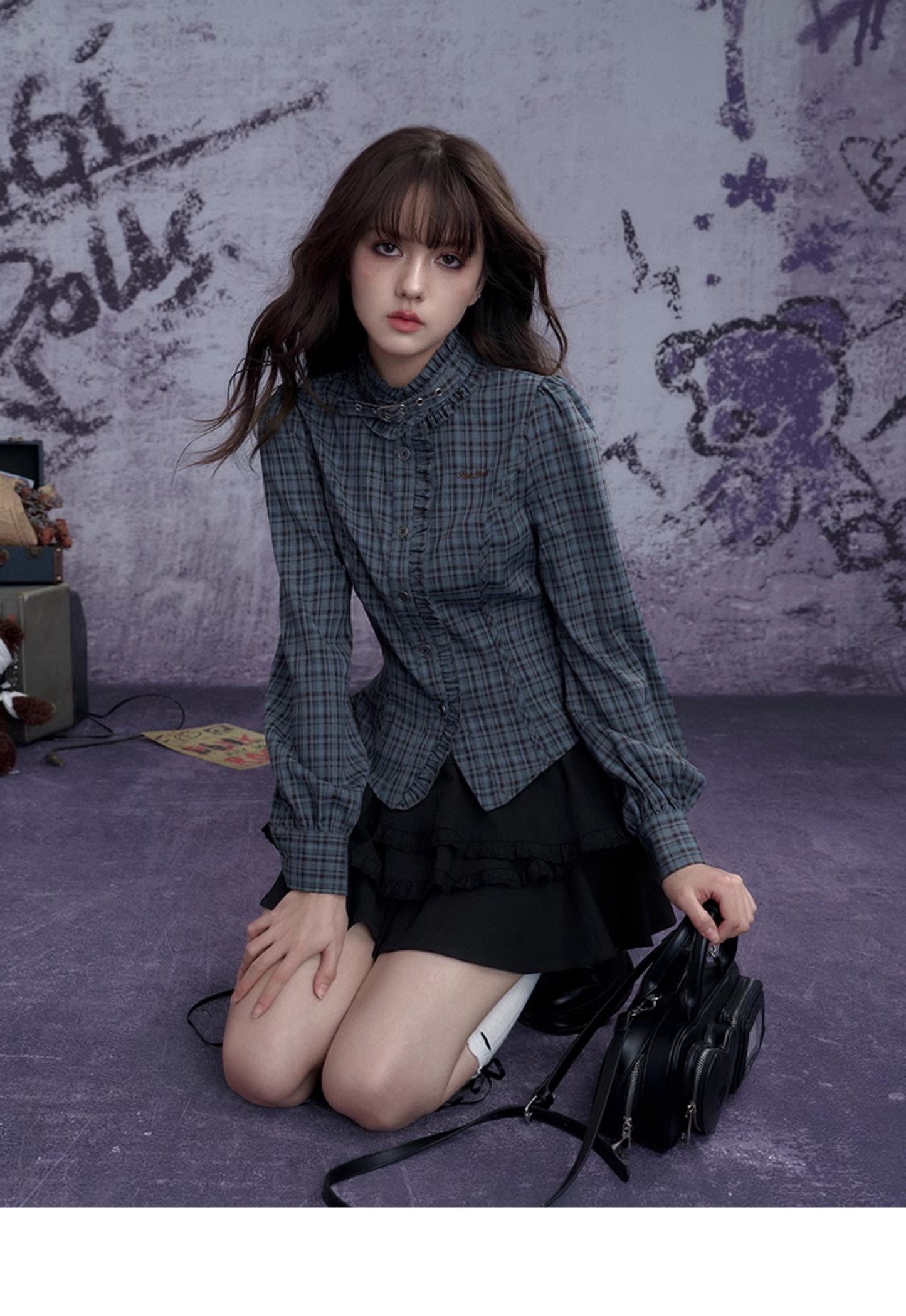 Tailored Check Blouse With Ruffle Trim And Neck Belt