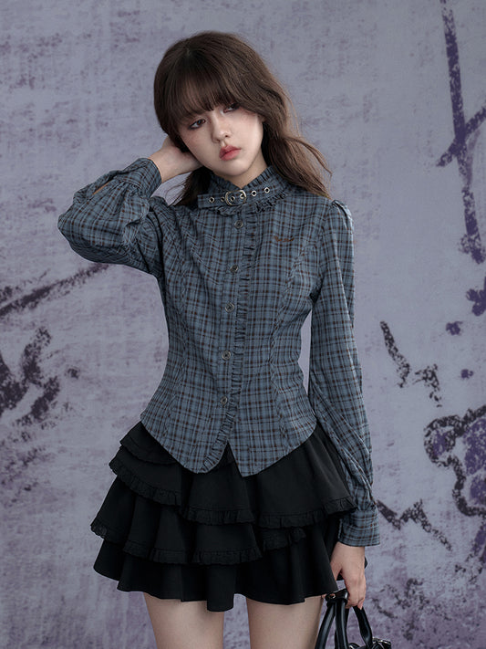 Tailored Check Blouse With Ruffle Trim And Neck Belt