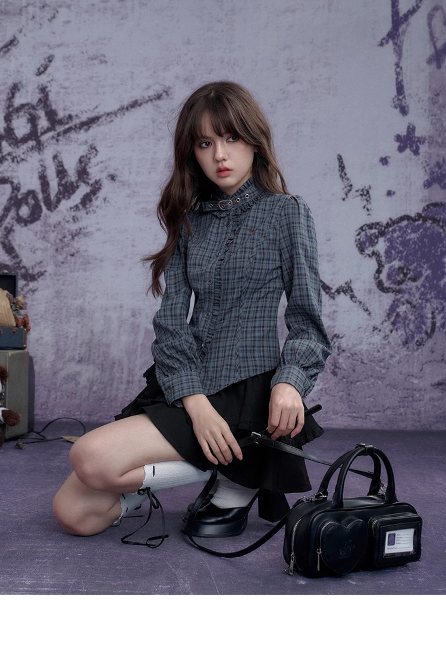 Tailored Check Blouse With Ruffle Trim And Neck Belt
