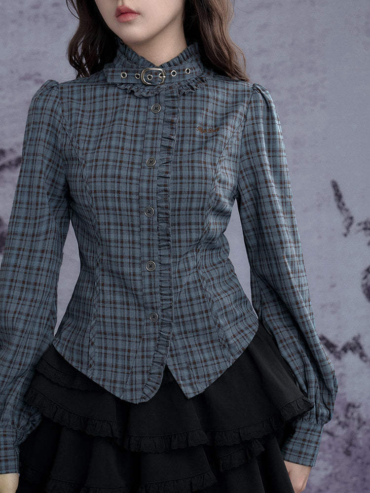 Tailored Check Blouse With Ruffle Trim And Neck Belt