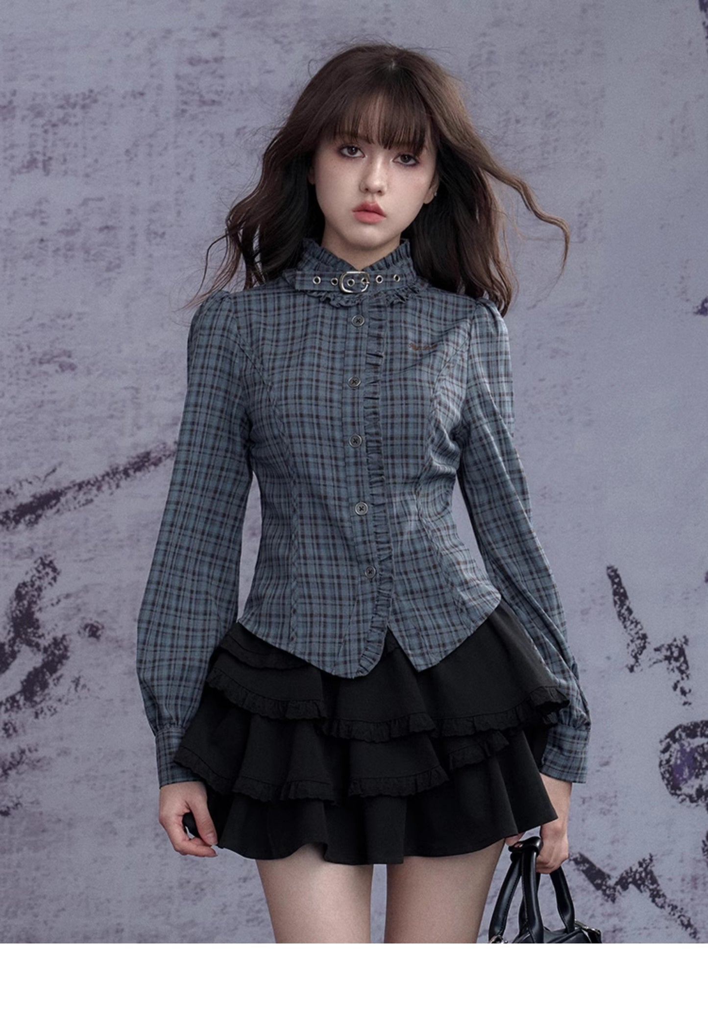 Tailored Check Blouse With Ruffle Trim And Neck Belt