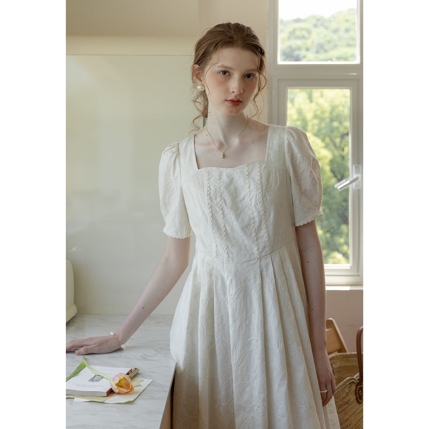 Floral-Embroidered Cotton Midi Dress