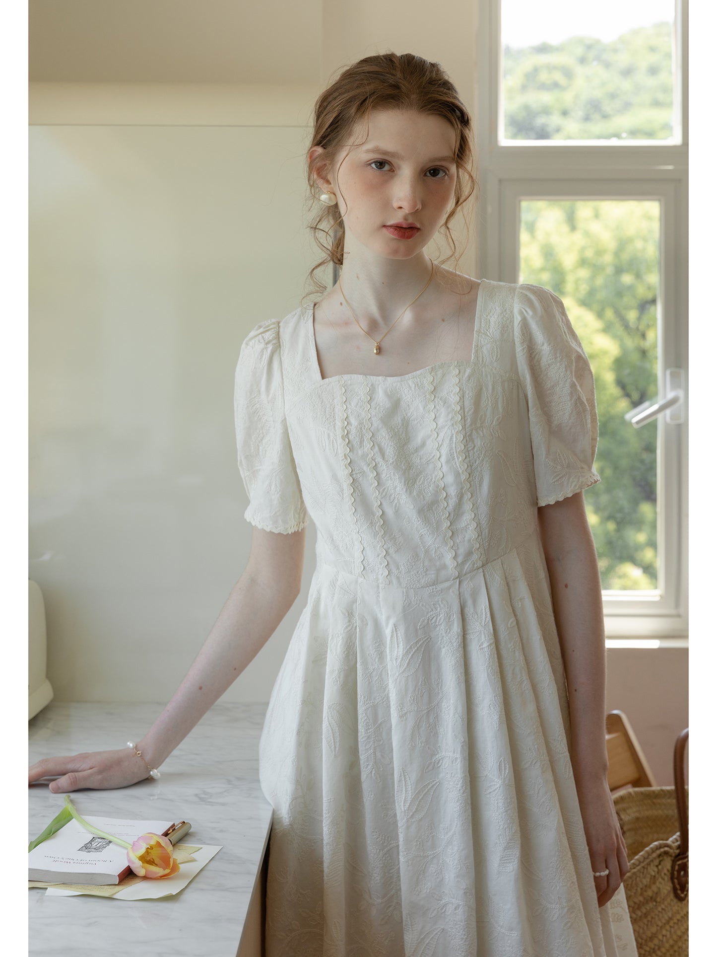 Floral-Embroidered Cotton Midi Dress