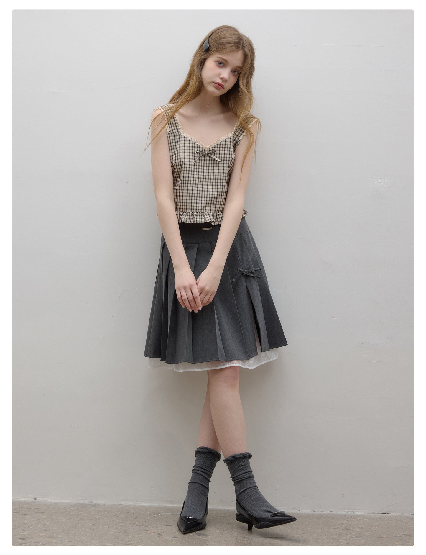 Square V-Neck Sleeveless Plaid Cotton Top