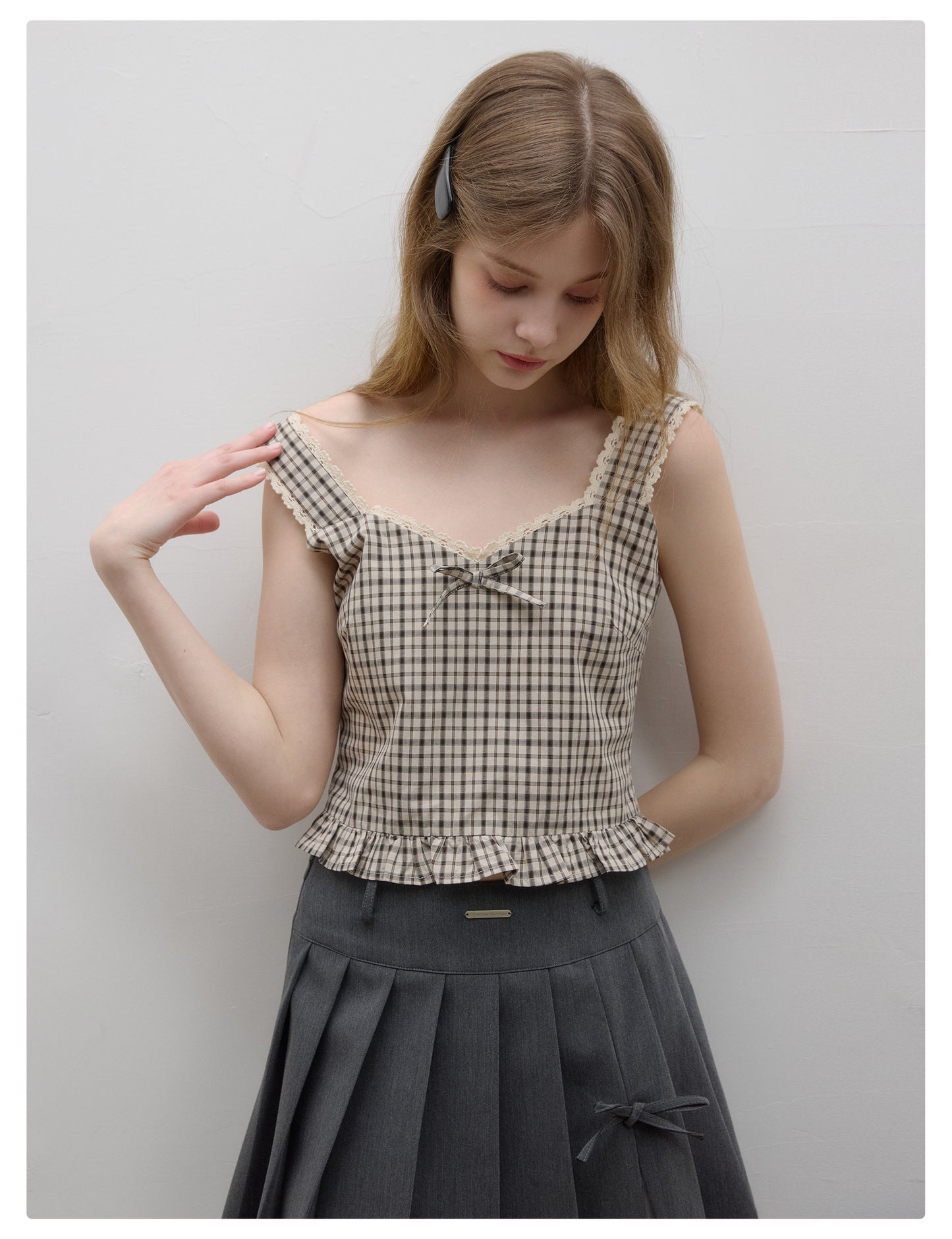 Square V-Neck Sleeveless Plaid Cotton Top
