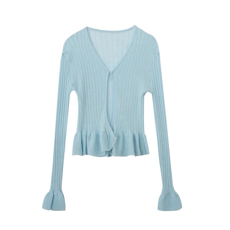 Ruffle Sheer Knit Slim Top With Hook