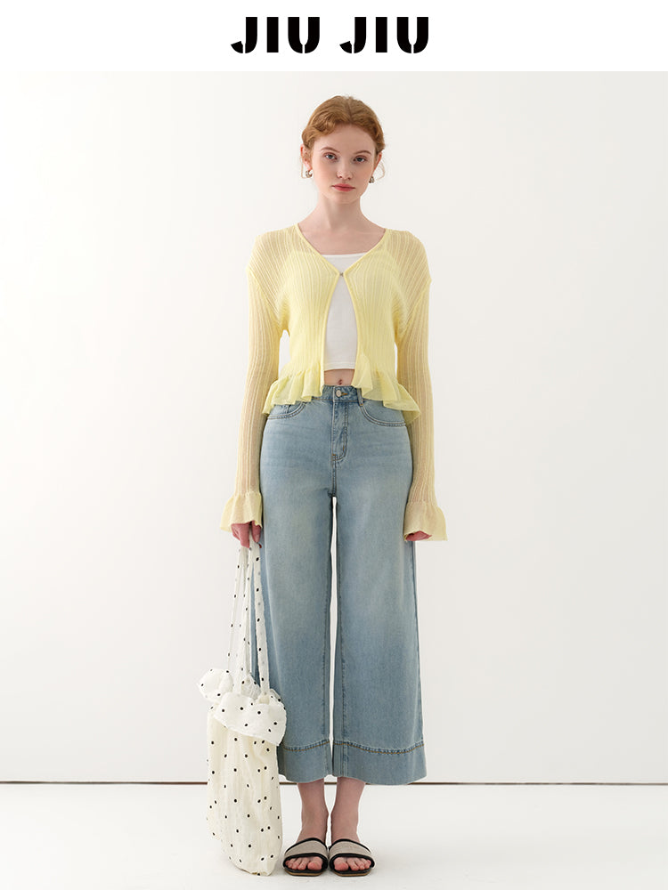 Ruffle Sheer Knit Slim Top With Hook