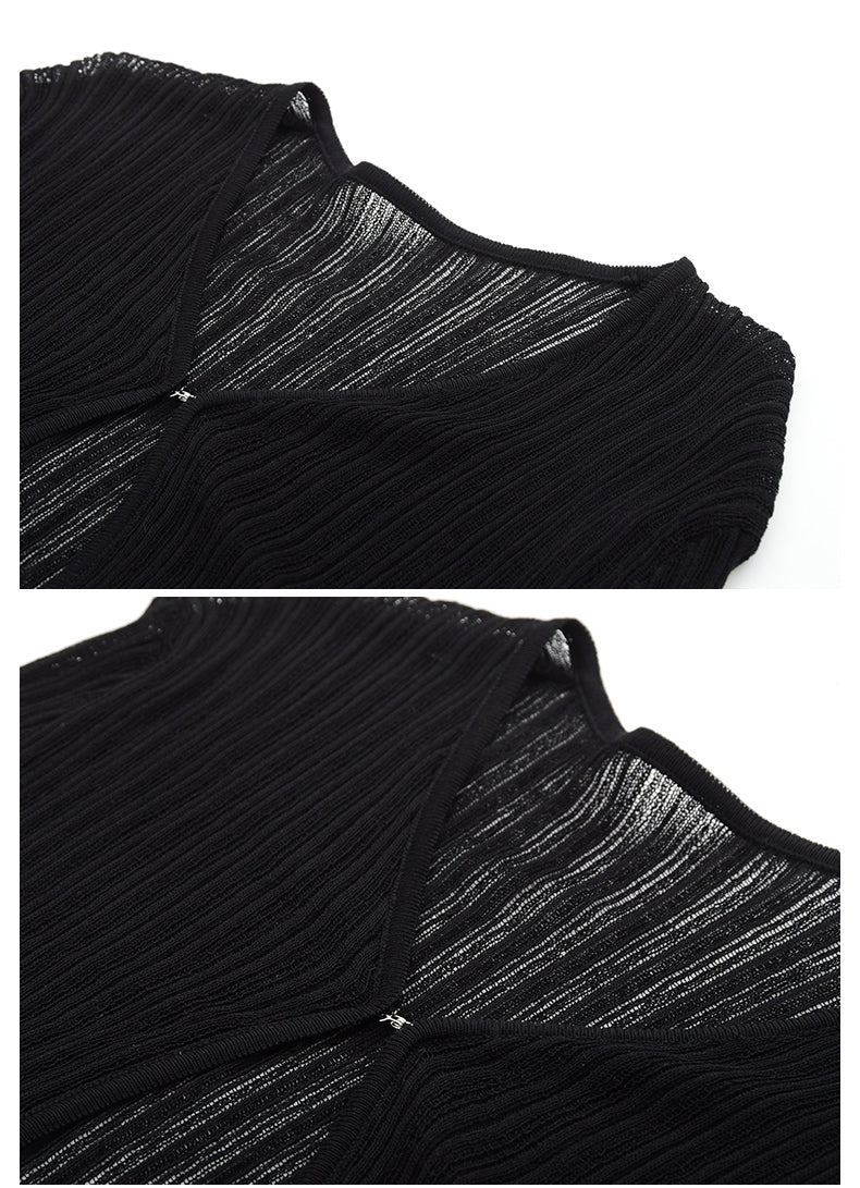 Ruffle Sheer Knit Slim Top With Hook