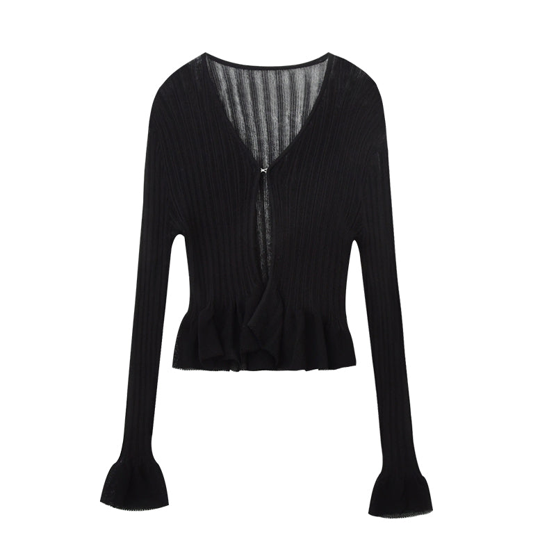 Ruffle Sheer Knit Slim Top With Hook