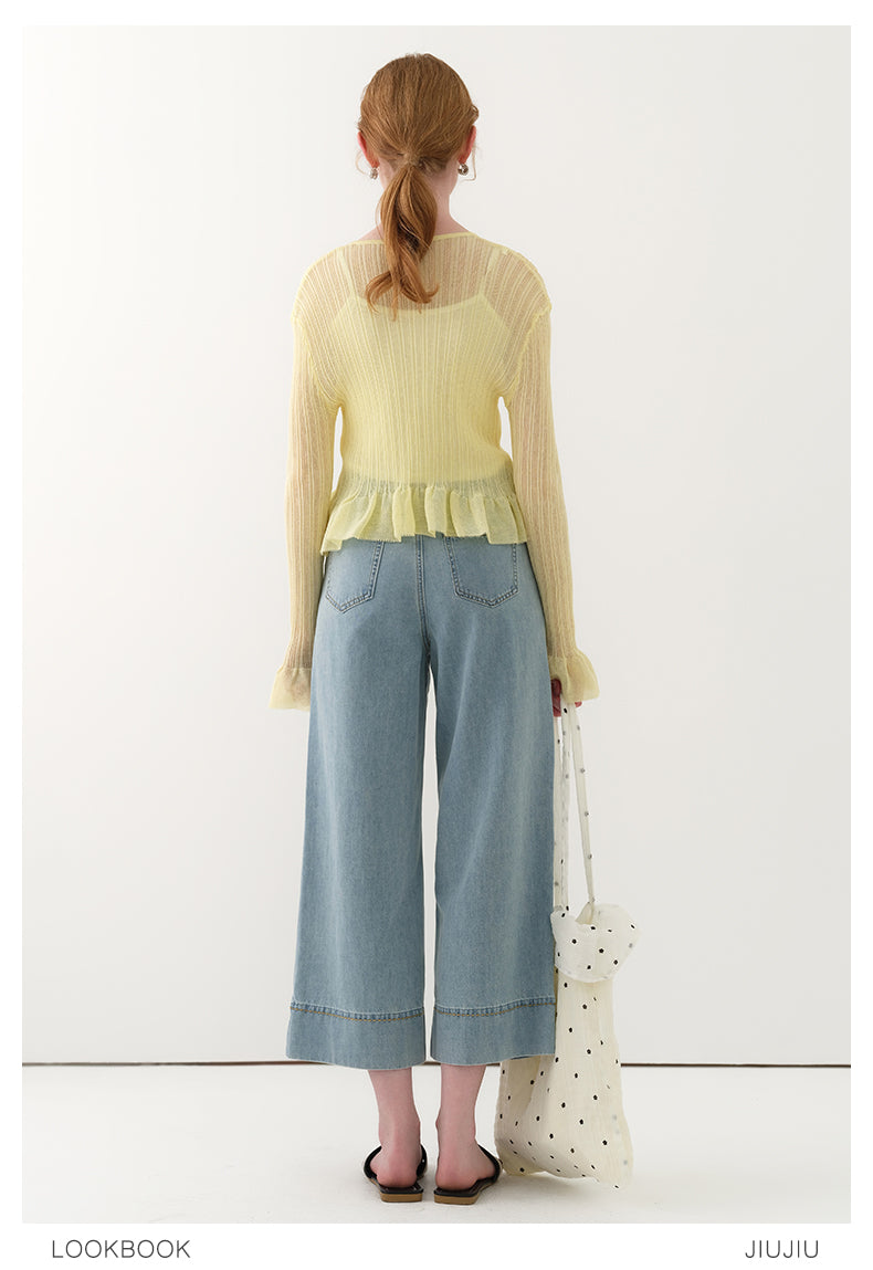 Ruffle Sheer Knit Slim Top With Hook