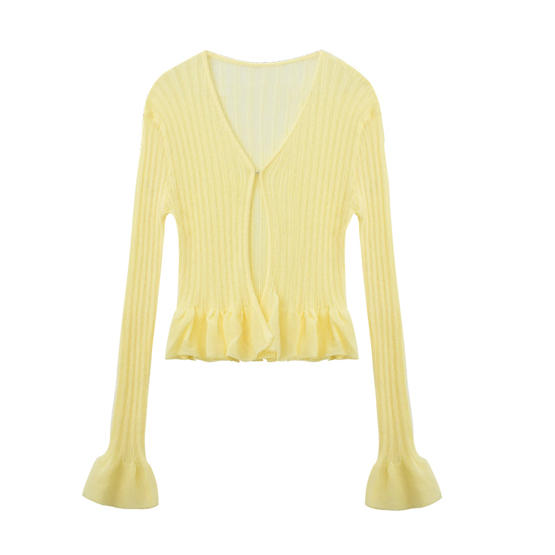 Ruffle Sheer Knit Slim Top With Hook