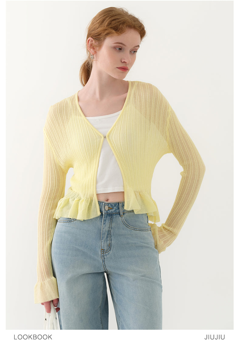 Ruffle Sheer Knit Slim Top With Hook