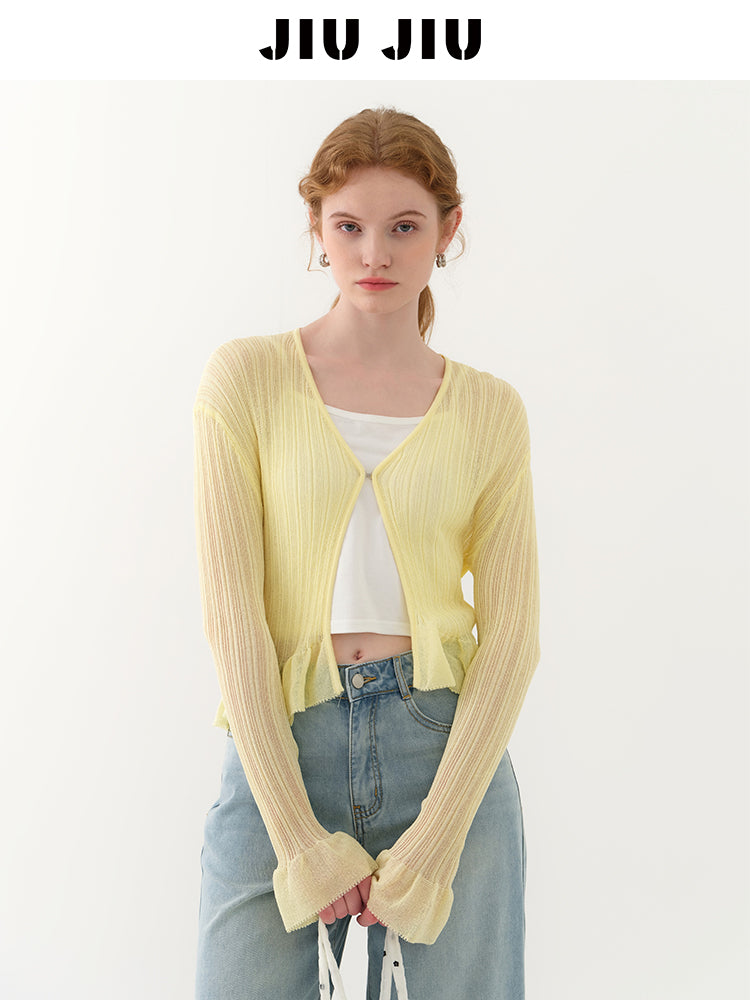 Ruffle Sheer Knit Slim Top With Hook