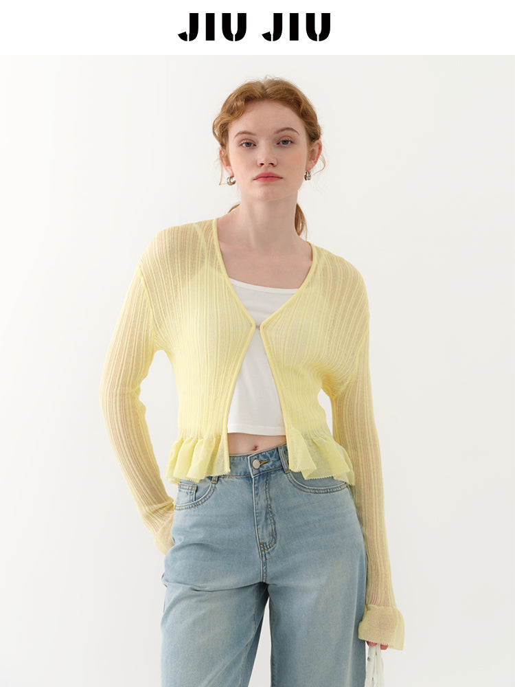 Ruffle Sheer Knit Slim Top With Hook