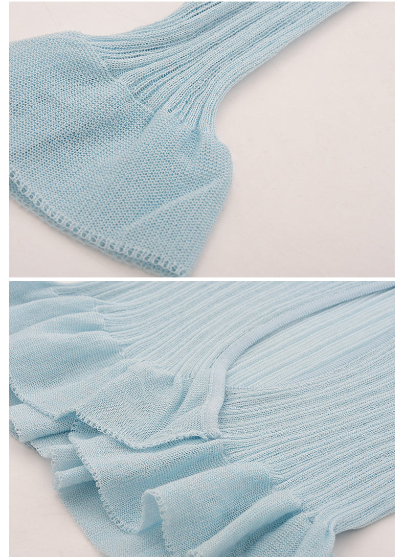 Ruffle Sheer Knit Slim Top With Hook