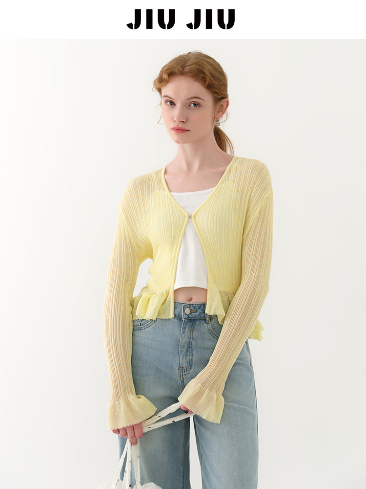 Ruffle Sheer Knit Slim Top With Hook