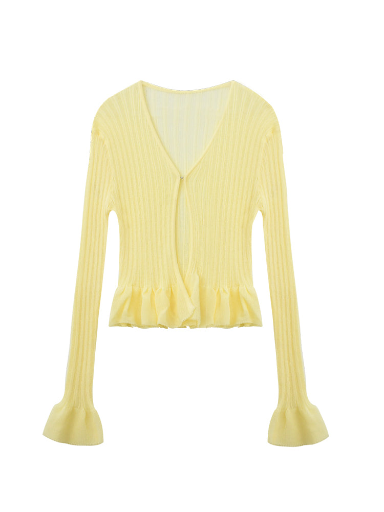 Ruffle Sheer Knit Slim Top With Hook