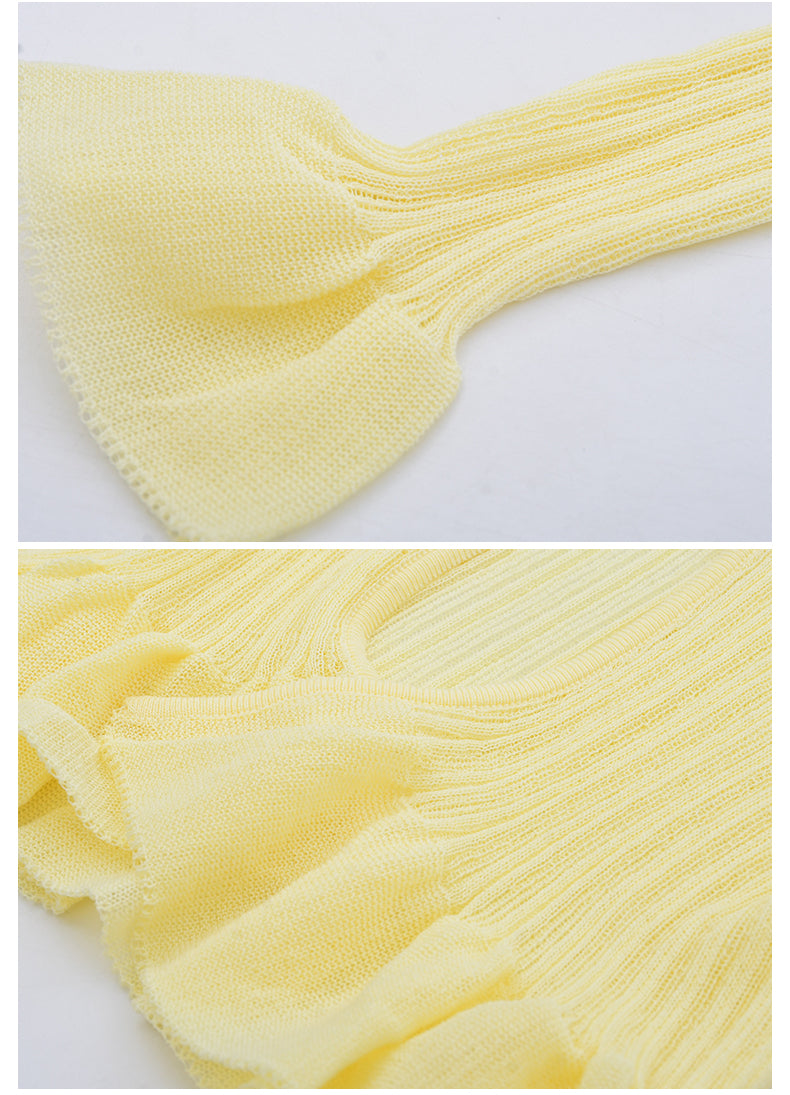 Ruffle Sheer Knit Slim Top With Hook