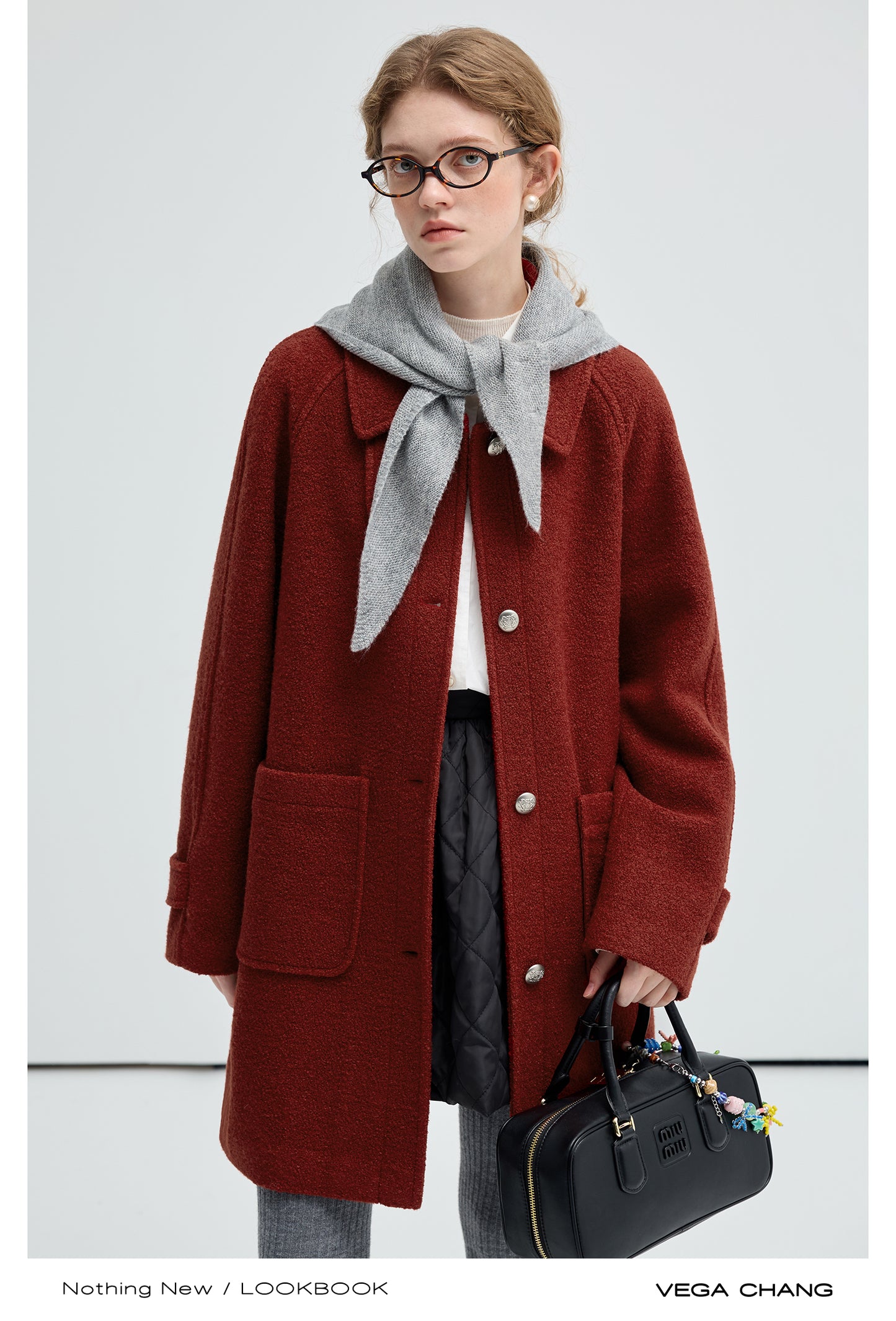 Mid-Length Bouclé Wool Blend Coat