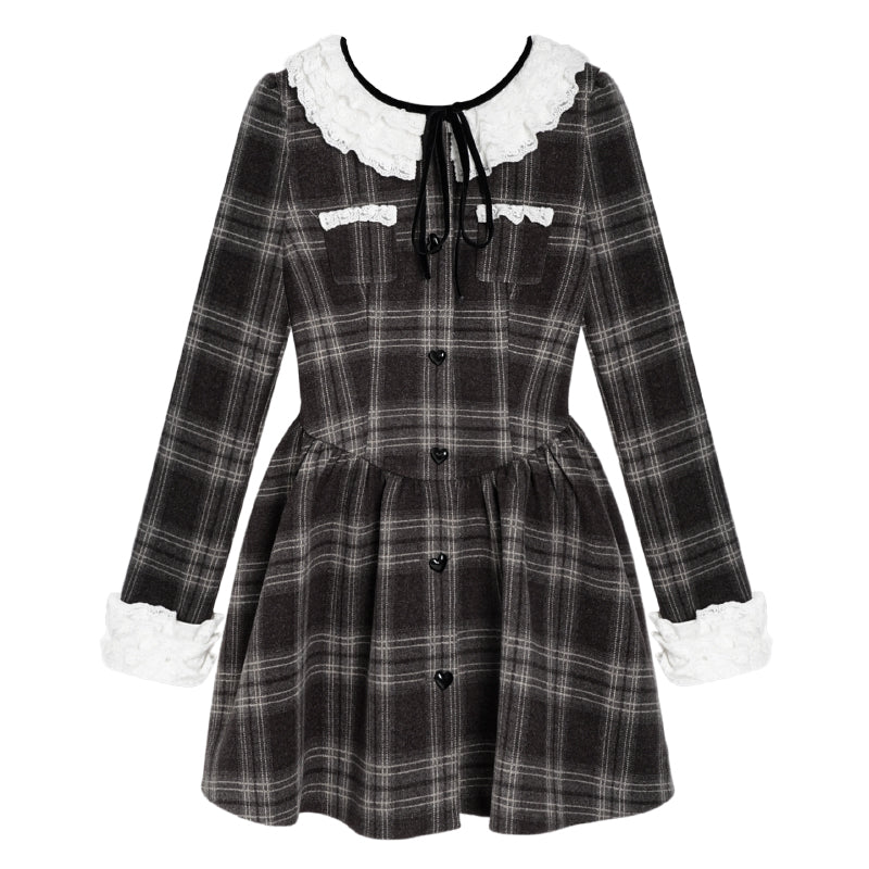 Versatile Plaid Lace Collar Dress With Heart Buttons