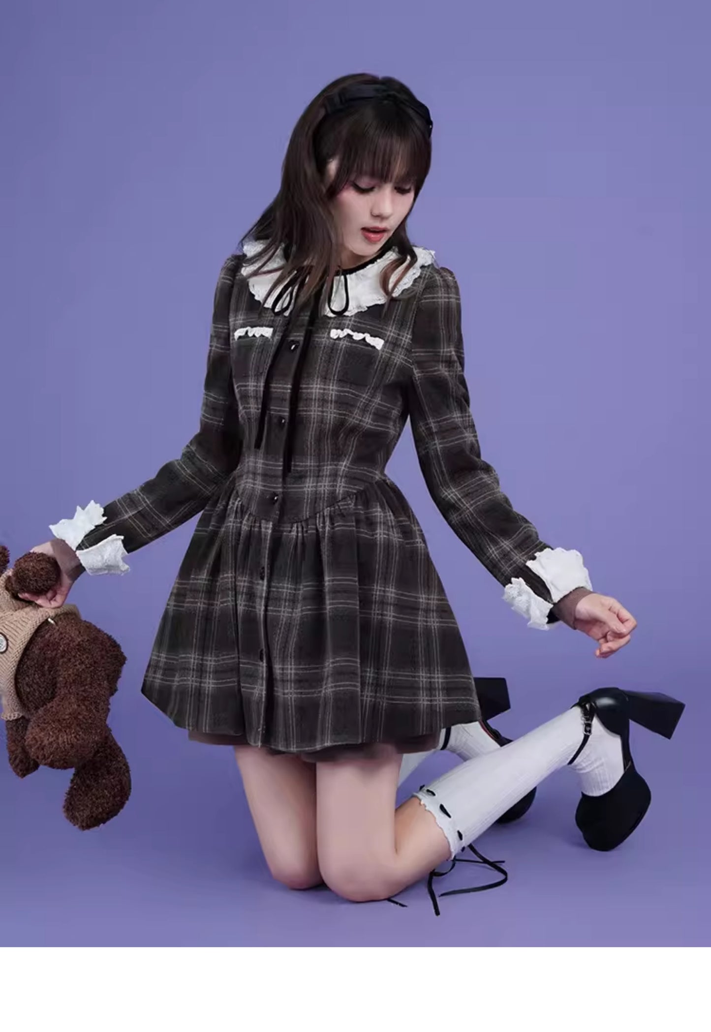 Versatile Plaid Lace Collar Dress With Heart Buttons