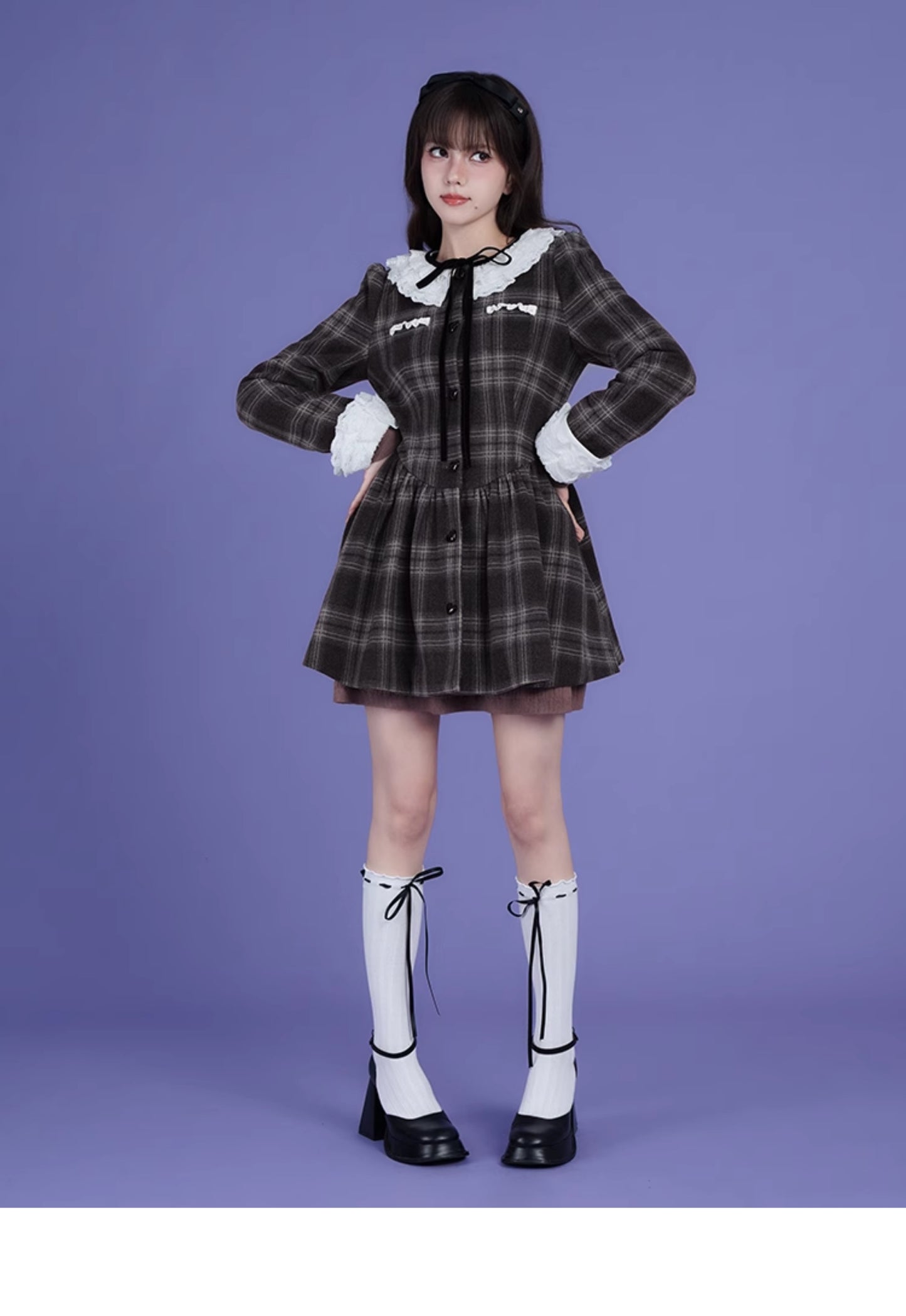 Versatile Plaid Lace Collar Dress With Heart Buttons