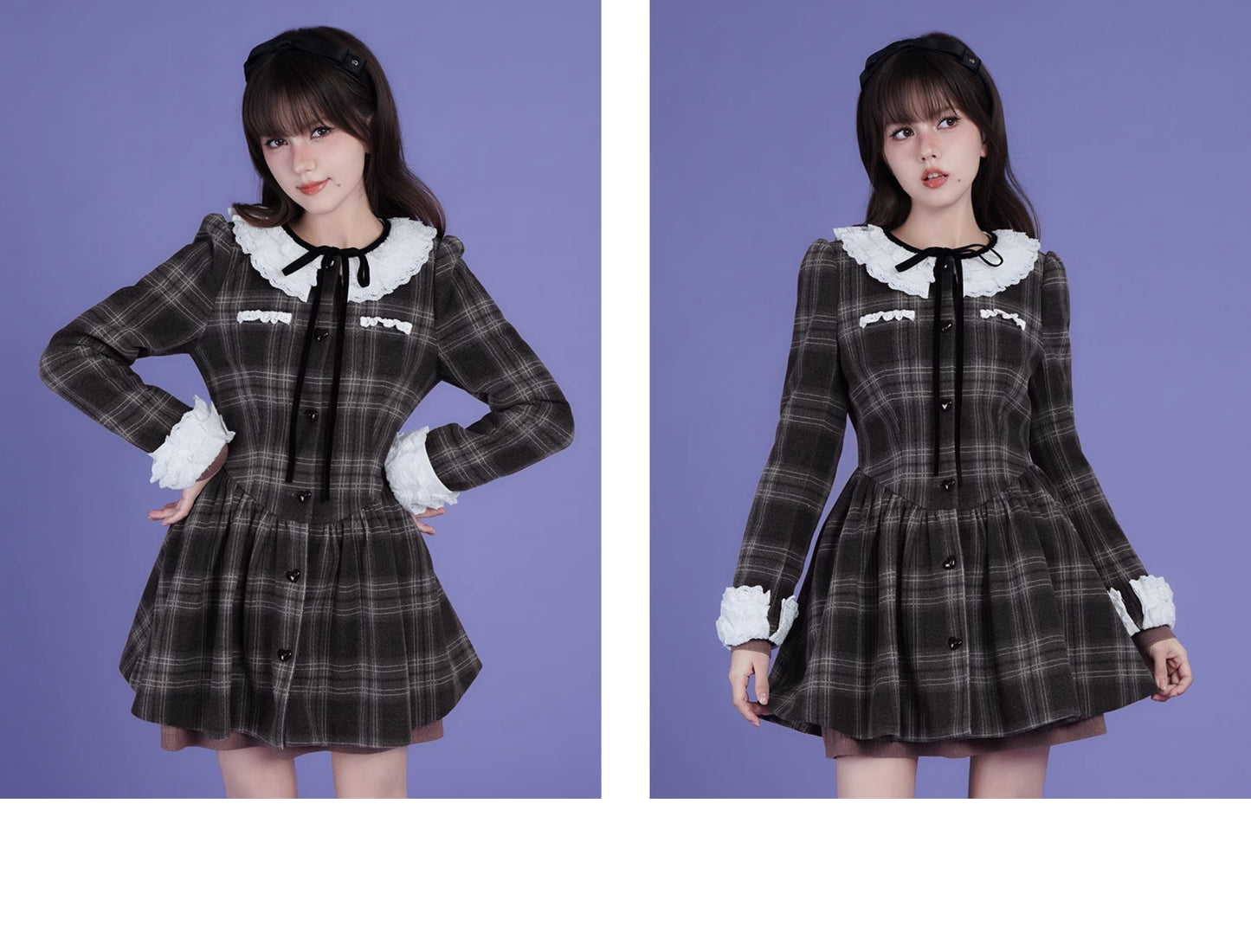 Versatile Plaid Lace Collar Dress With Heart Buttons