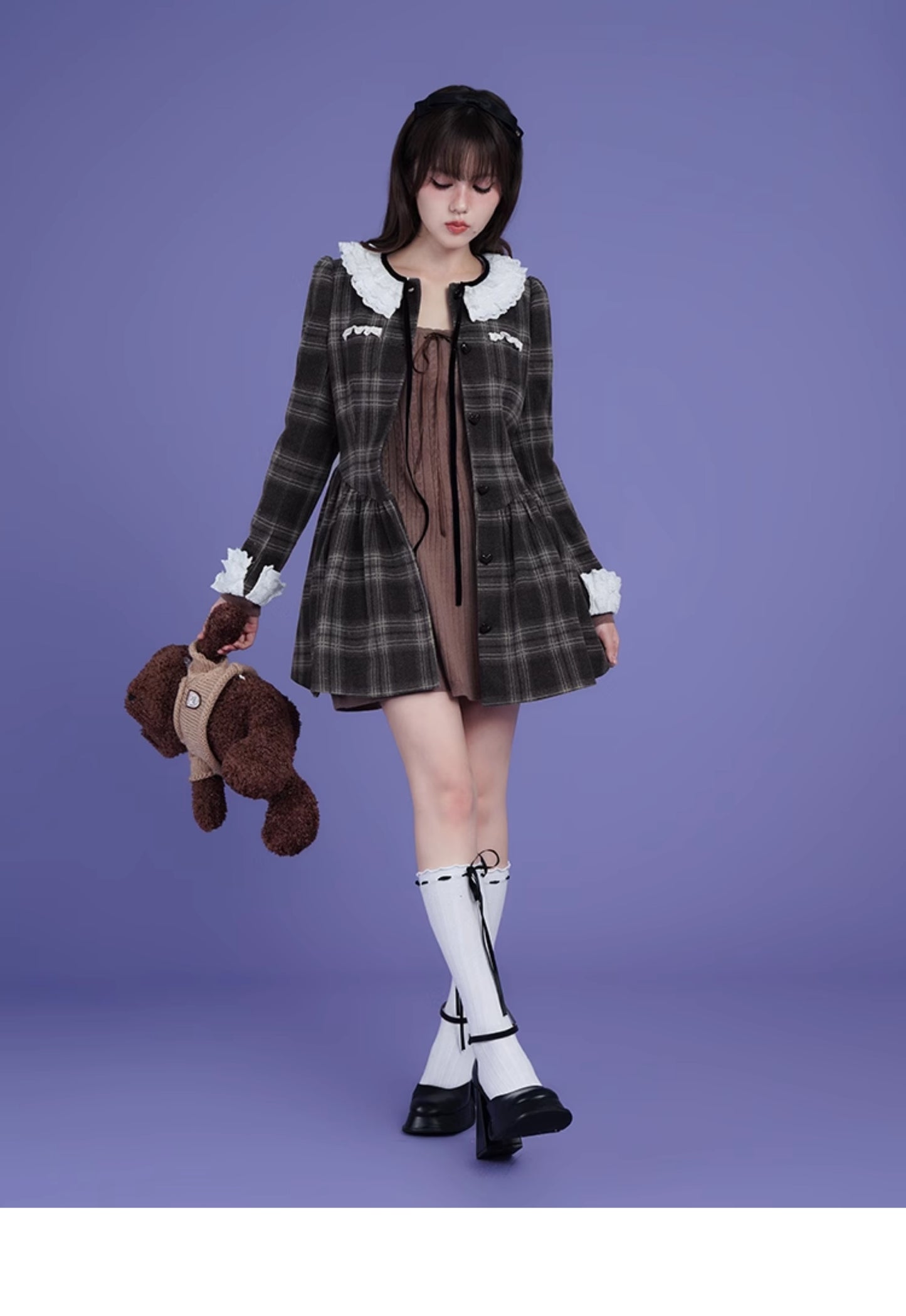 Versatile Plaid Lace Collar Dress With Heart Buttons