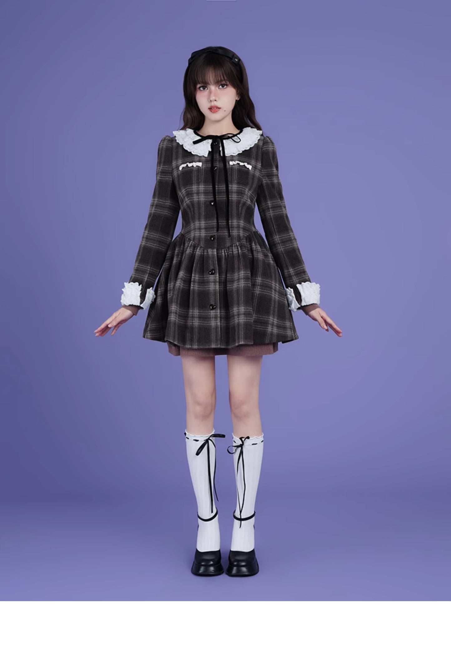 Versatile Plaid Lace Collar Dress With Heart Buttons