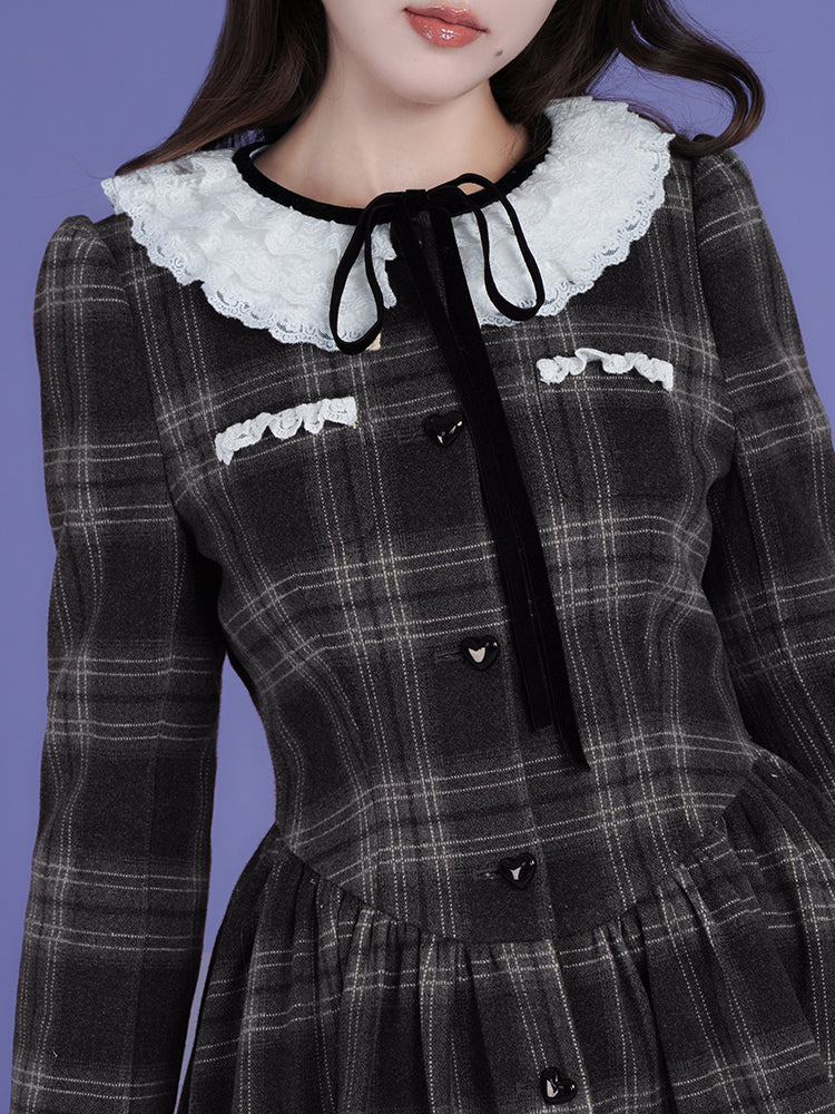 Versatile Plaid Lace Collar Dress With Heart Buttons