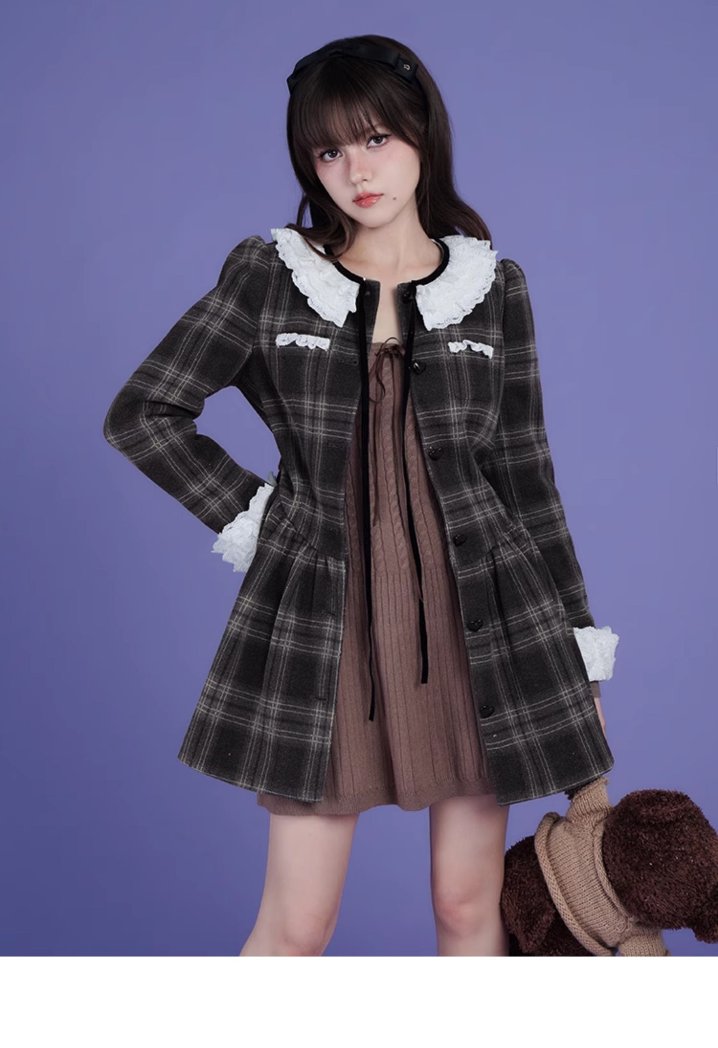 Versatile Plaid Lace Collar Dress With Heart Buttons