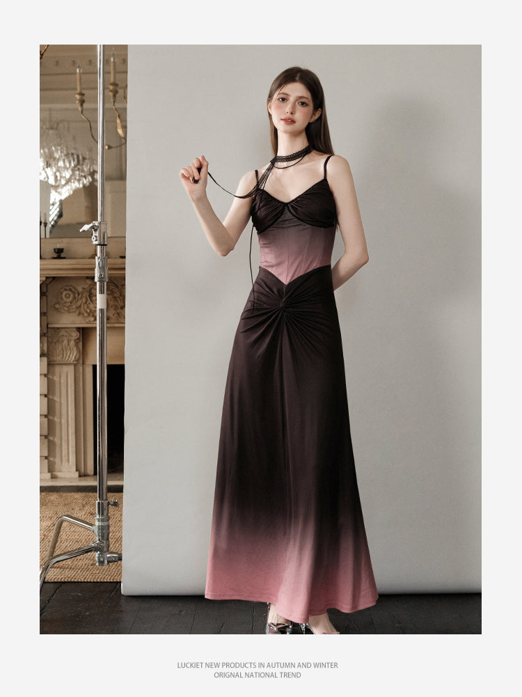 Twist-Gathered Gradient Bustier Dress