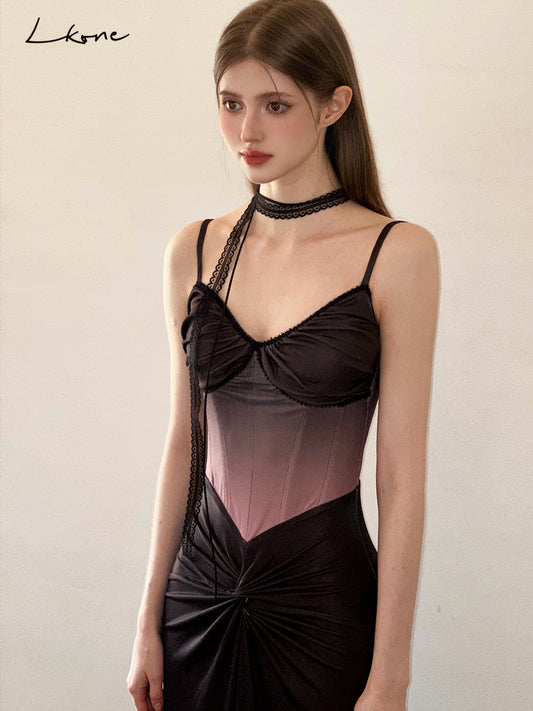 Twist-Gathered Gradient Bustier Dress