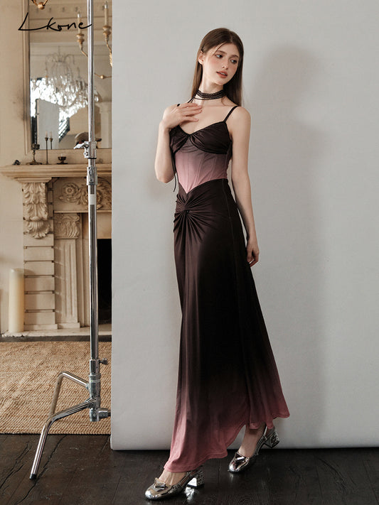 Twist-Gathered Gradient Bustier Dress