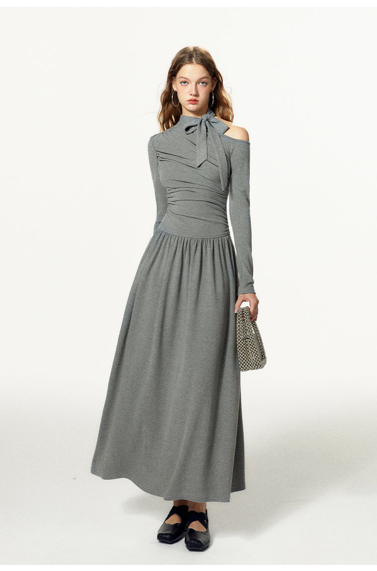Slim Fit One-Shoulder Tie Neck Maxi Dress