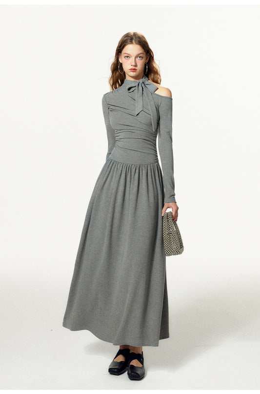 Slim Fit One-Shoulder Tie Neck Maxi Dress