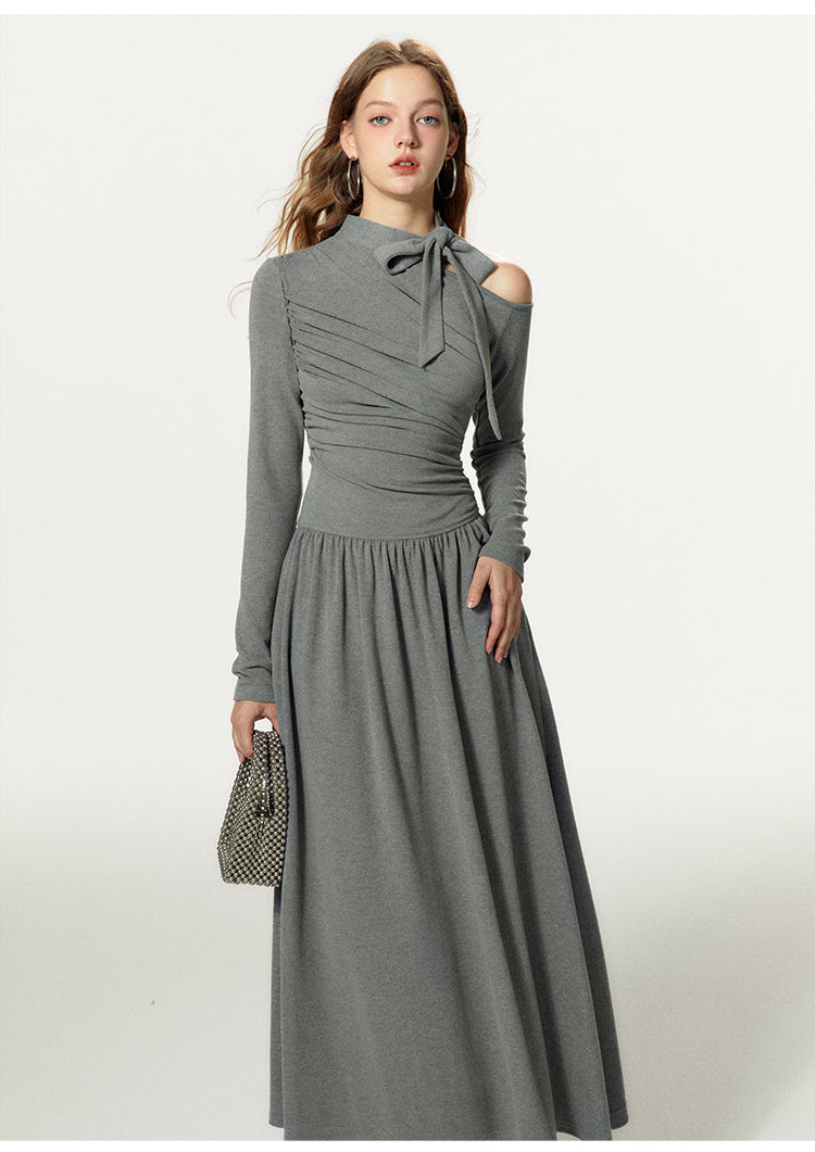 Slim Fit One-Shoulder Tie Neck Maxi Dress