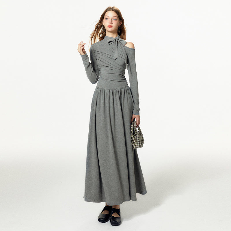 Slim Fit One-Shoulder Tie Neck Maxi Dress