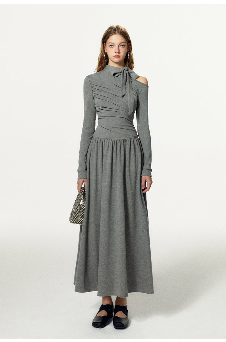 Slim Fit One-Shoulder Tie Neck Maxi Dress