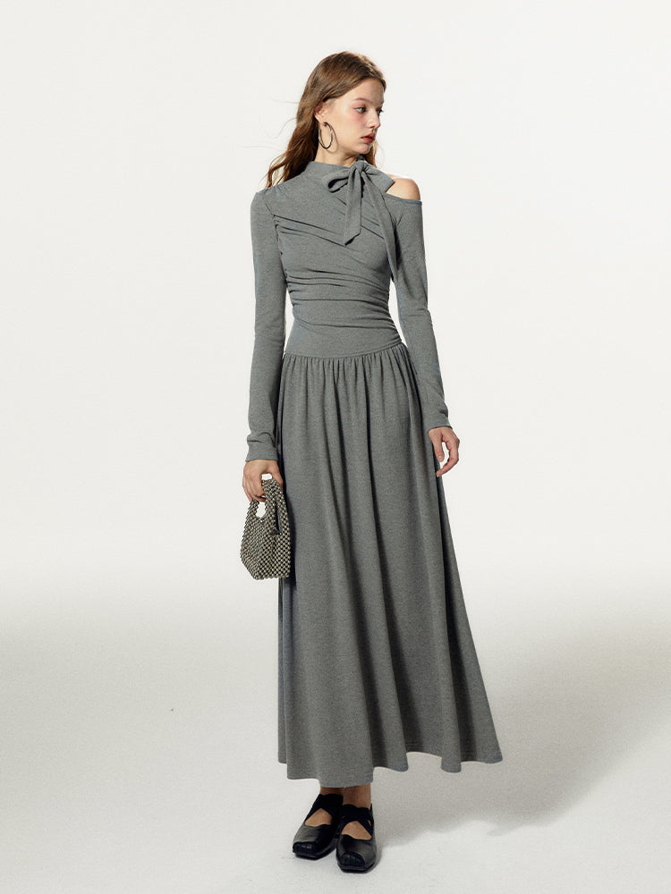 Slim Fit One-Shoulder Tie Neck Maxi Dress